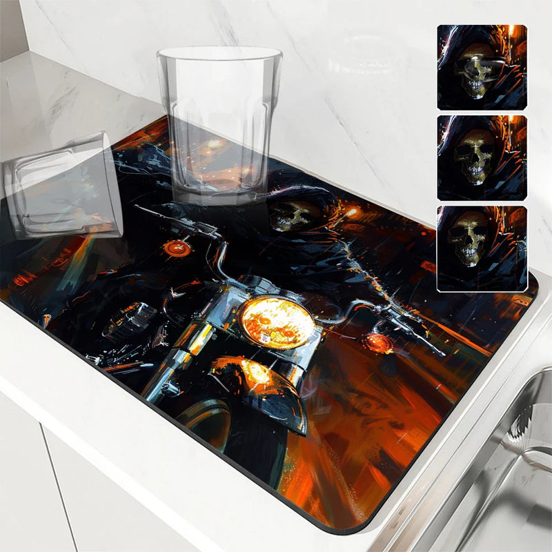 Axyaa Halloween Skull Kitchen Mat Absorbent Antiskid Draining Quick Dry Tableware Pad