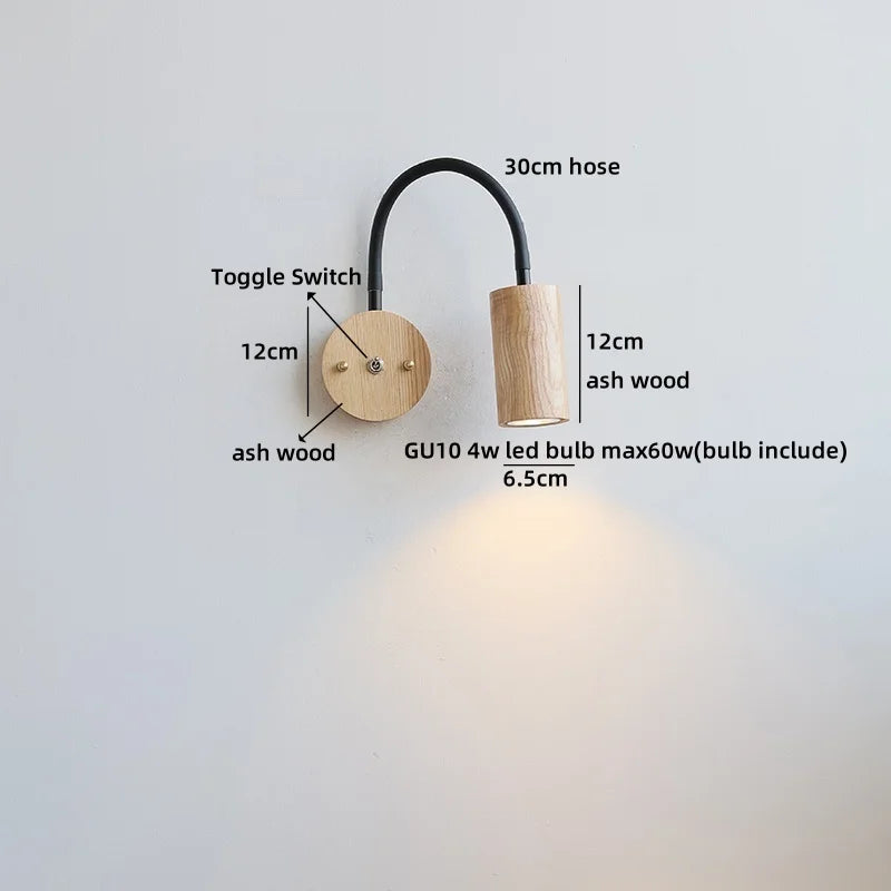 Axyaa Walnut Wood LED Wall Lamp 30cm Black Hose, Modern Nordic Design