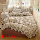 Axyaa Cream Lace Girl Powder Grid Korean Version Double-Layer Yarn 4-Piece Bed Set