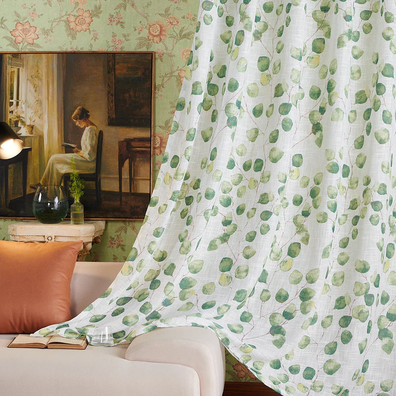 Green Leaves Printed Sheer Voile Curtains by Axyaa - 1 Pair