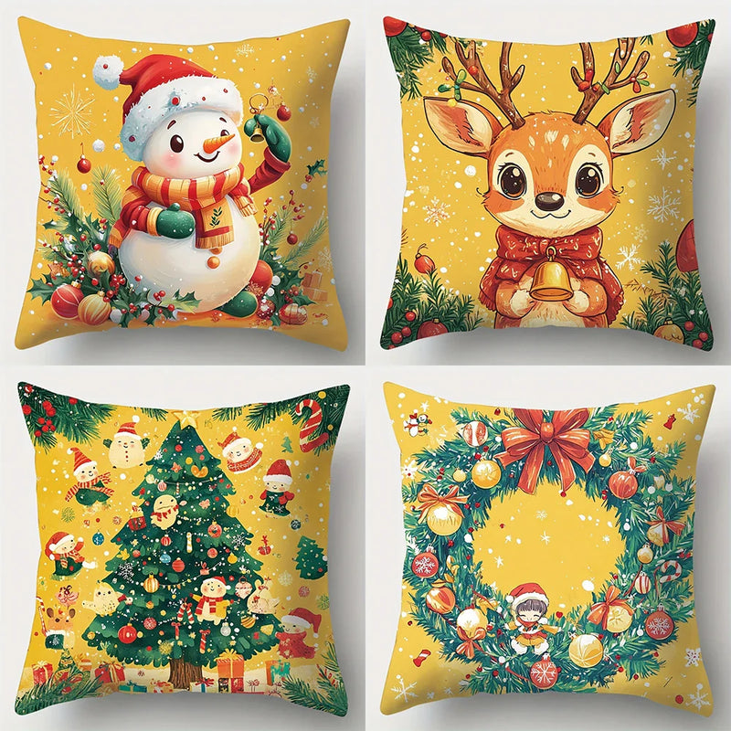 Axyaa Christmas Pillowcase Set: Snowman, Fawn, Garland, Christmas Tree Print