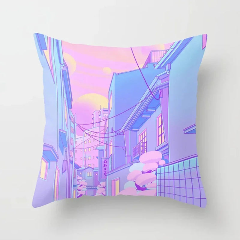 Pink Anime City Print Polyester Pillowcase 45x45cm for Bedroom Living Room by Axyaa.