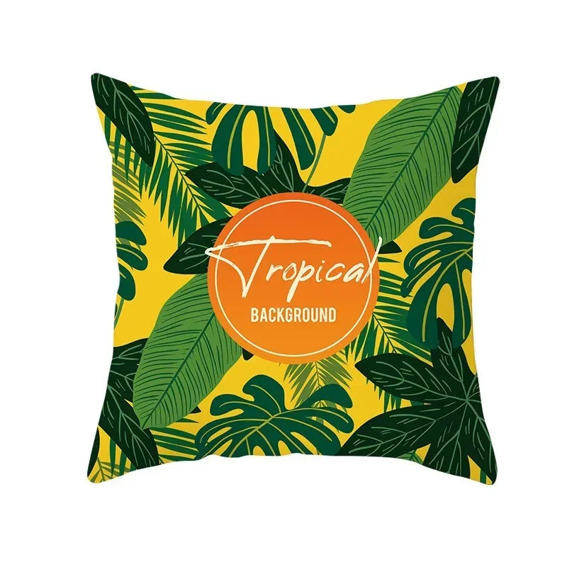 Flamingo Flower Rainforest Cushion Cover with Tropical Plant Animal Pattern by Axyaa