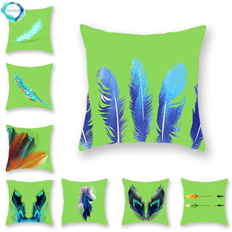 Axyaa Avocado Green Feather Print Pillow Cover 45x45cm
