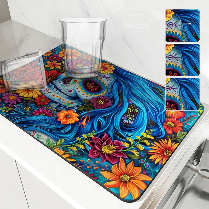 Axyaa Skull Desk Drying Mat: Heat Resistant Non-slip Kitchen Counter Pad