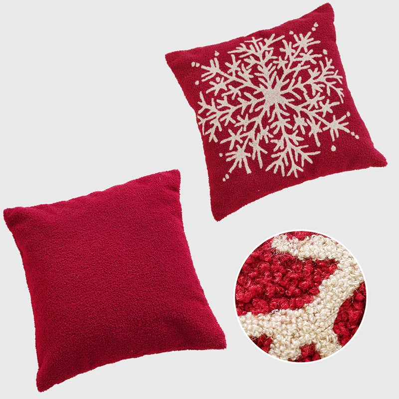 Axyaa Christmas Tree Snowflake Cushion Cover in Green and Red, Embroidered 45x45cm Square Pillowcase
