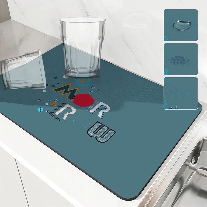 Axyaa Dino Text Kitchen Drying Mat - Quick Draining Pad for Bathroom & Faucet