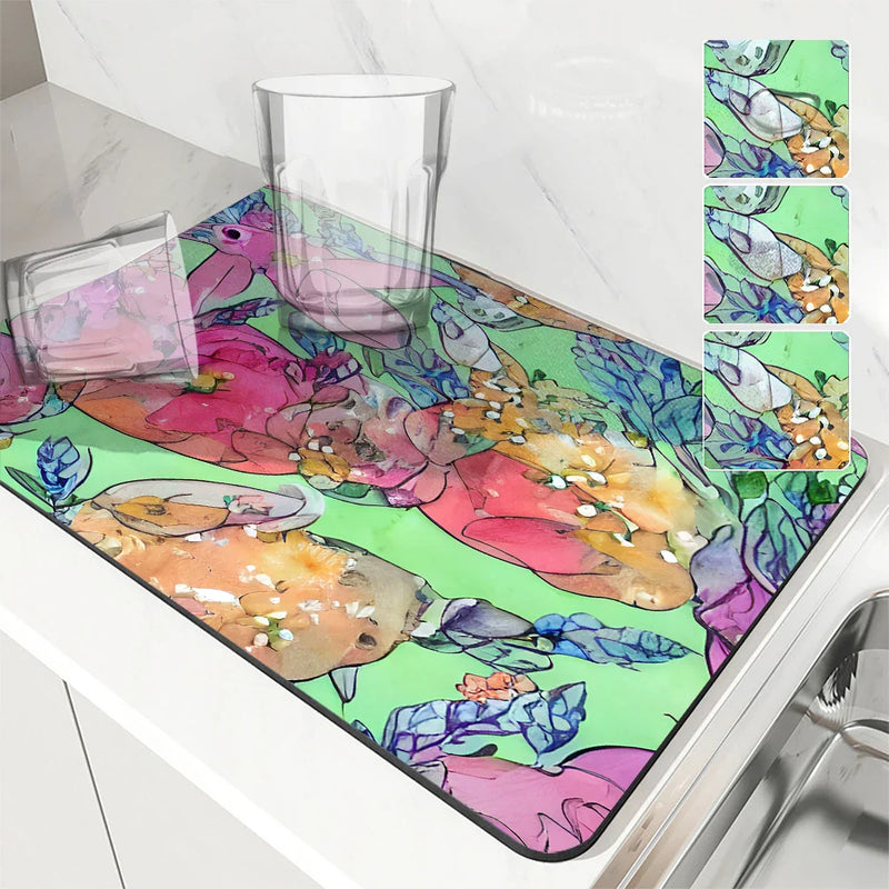 Axyaa Watercolor Plants Coffee Cup Drying Mat, Non-Slip Absorbent Kitchen Drain Mat
