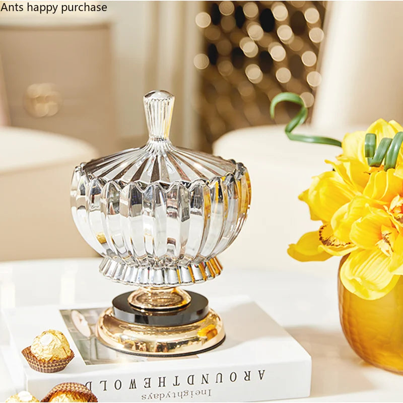 Axya Crystal Candy Jar with Gold Base Lid, Transparent Decorative Storage Jar