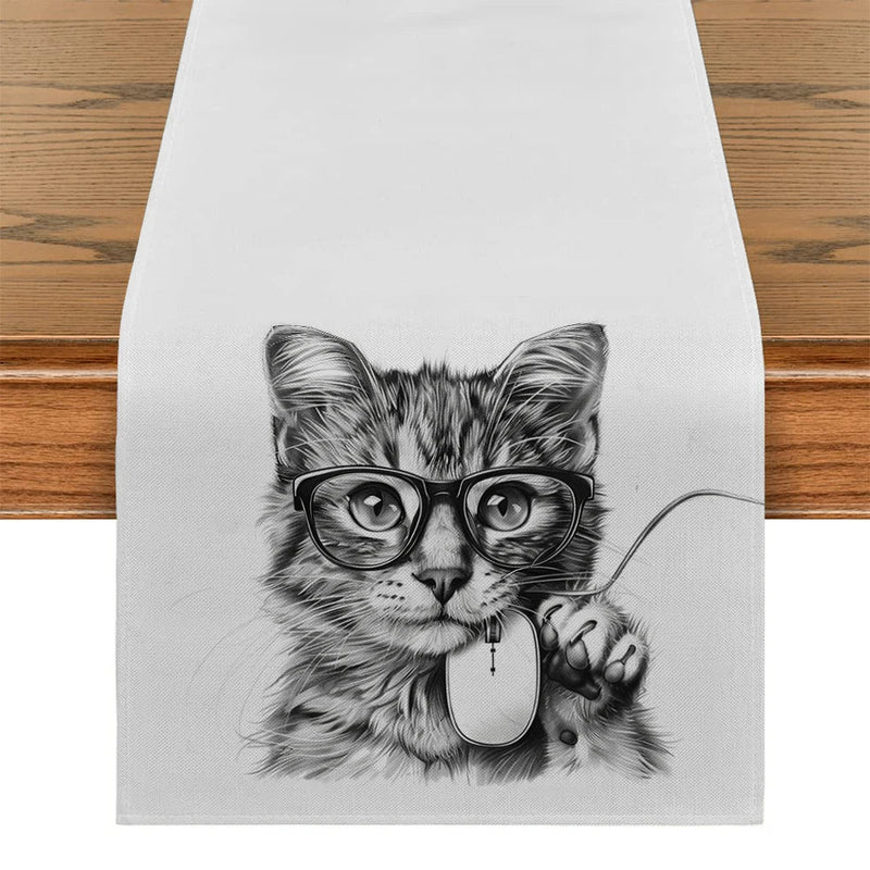 Axyaa Cat Glasses Mouse Pencil Drawing Table Runner