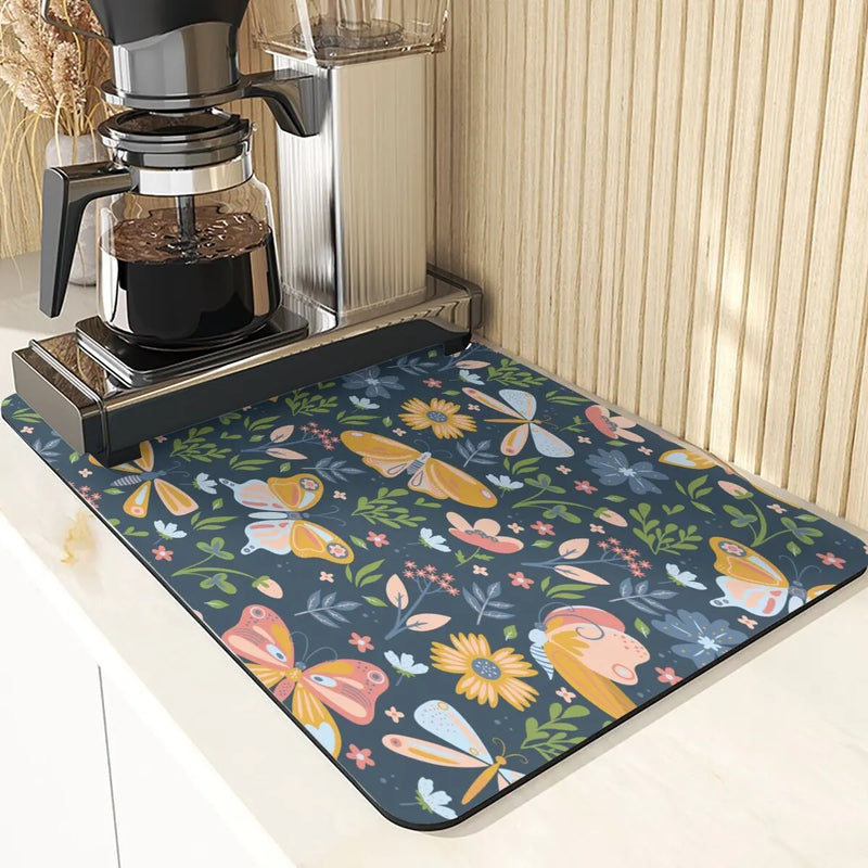 Butterfly Print Table Mat Coaster Set by Axyaa: Kitchen Accessories Absorbent Drying Mat