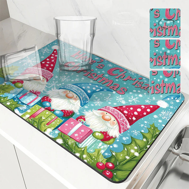 Axyaa Snowflake Fir Kitchen Mat: Absorbent, Antiskid, Quick Drain Pad for Tableware & Dishes