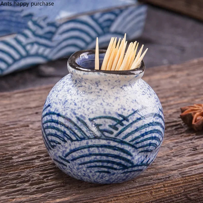 Axya Blue Fish Pattern Ceramic Spice Jar Set with Tray and Condiment Bottles
