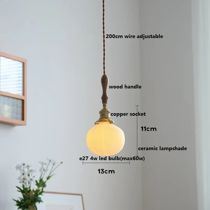 Axyaa White Ceramic LED Pendant Light with Wood Handle - Bedroom Living Room Lamp