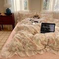 Axyaa Pink Flower Korean Duvet Bedding Set, Cotton Queen Size Twin Full Double Bed Sheets