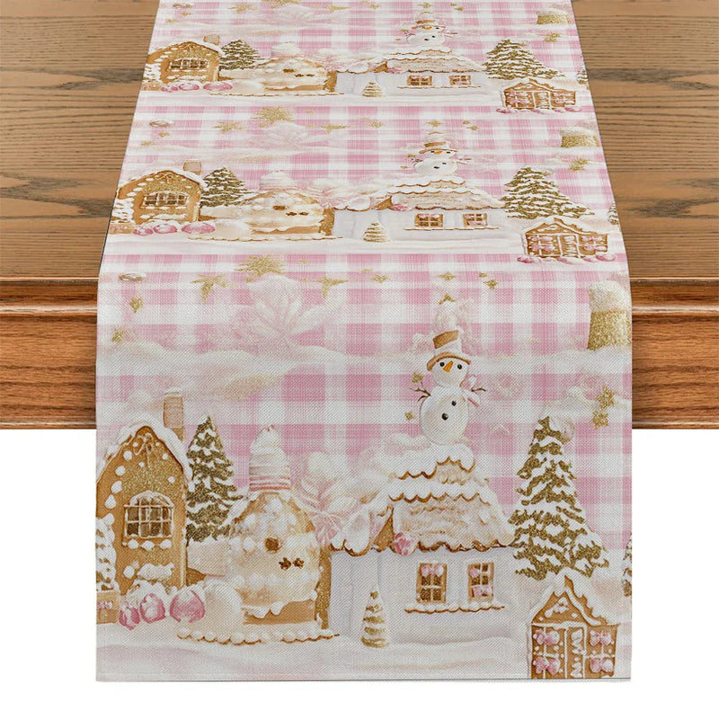 Pink House Table Runner by Axyaa: Christmas Decor for Kitchen Table, Farmhouse Style Dining Table Decoration