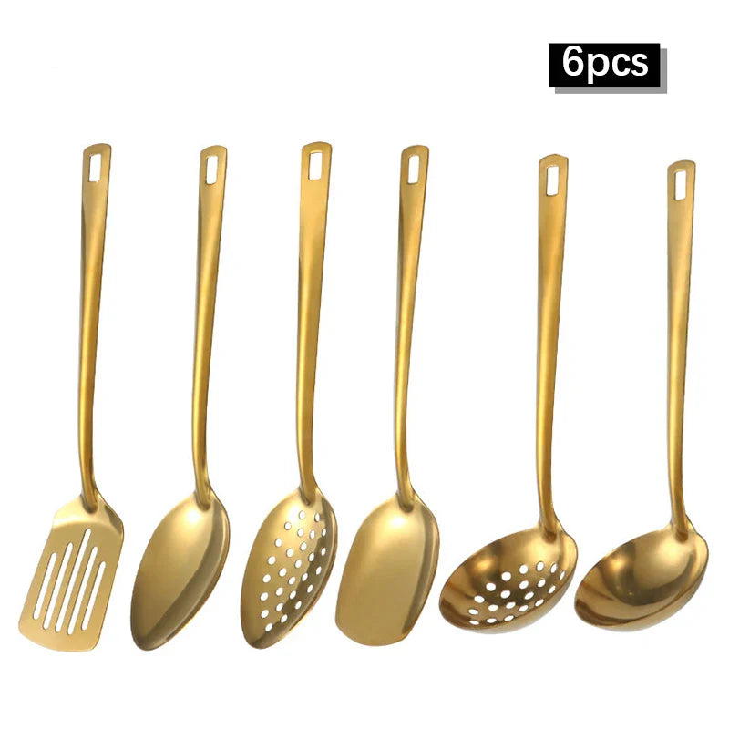 Axyaa 6pcs Korean Stainless Steel Kitchenware Set - Golden Soup Spoon, Colander, Hot Pot Spoon
