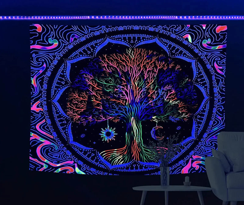 Axyaa Psychedelic Tree of Life Fluorescent Tapestry UV Wall Hanging