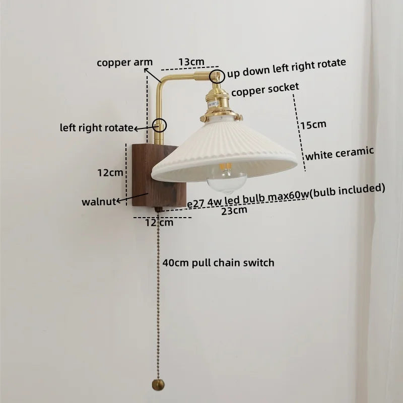 Axyaa Walnut Ceramic LED Wall Lamp with Pull Chain Switch