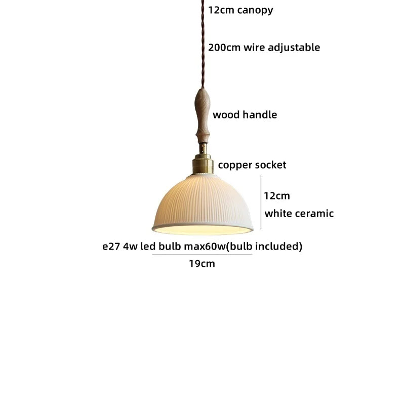 Axyaa Ceramic Pendant Light Wood White LED Lamp for Living Room & Cafe