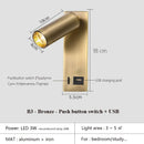Axyaa Black Brass LED Wall Lamp Sconce with Switch and USB Port, 3W Spotlight