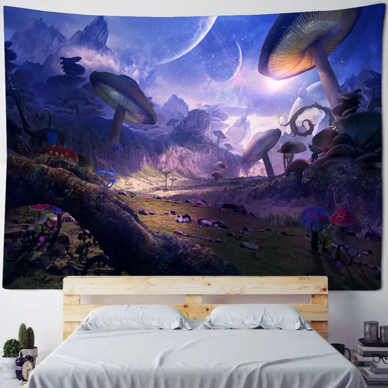 Axyaa Fairy Tale Fantasy Mushroom Tapestry - Boho Kids Room Art Decor