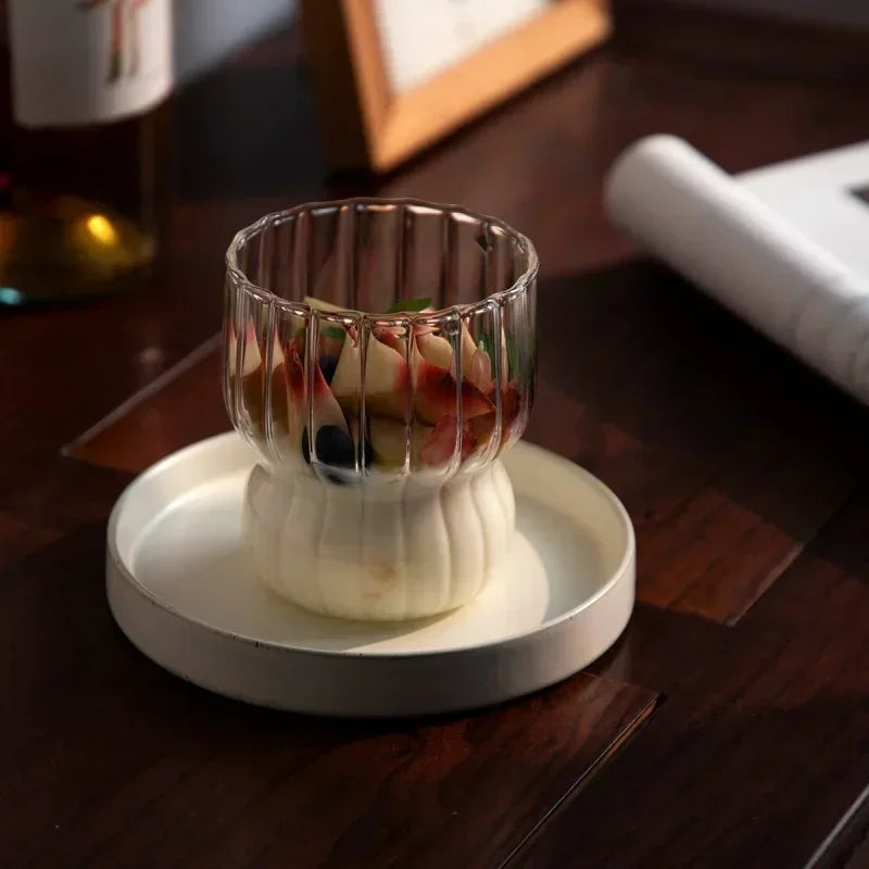 Axyaa 300ML Ins Iced Milk Glass Cups, Ribbed Drinking Glasses for Cocktail Beer Juice
