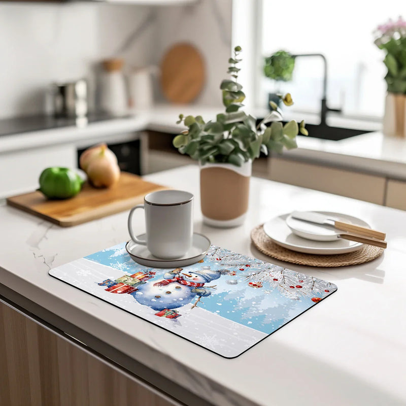 Axyaa Snowman Desk Drain Pad: Heat Resistant Non-slip Drying Mat for Kitchen Counter