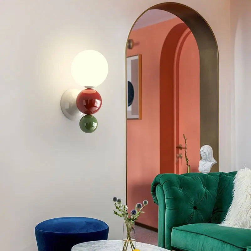 Axyaa LED Wall Light Red Green White Metal Kids Room Sconce White Acrylic Ball