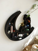 Axyaa Cat On Moon Crystal Shelf: Black Stone Display for Home Decor, Art, Plants