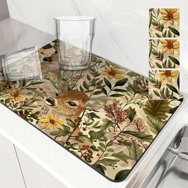 Axyaa Coffee Mat Deer Leaf Kitchen Drying Mat Absorbent Drain Pad Placemat