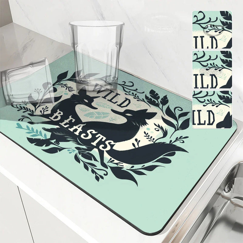 Axyaa Plant Leaves Kitchen Mat - Absorbent, Antiskid, Quick Dry Dish Drying Pad