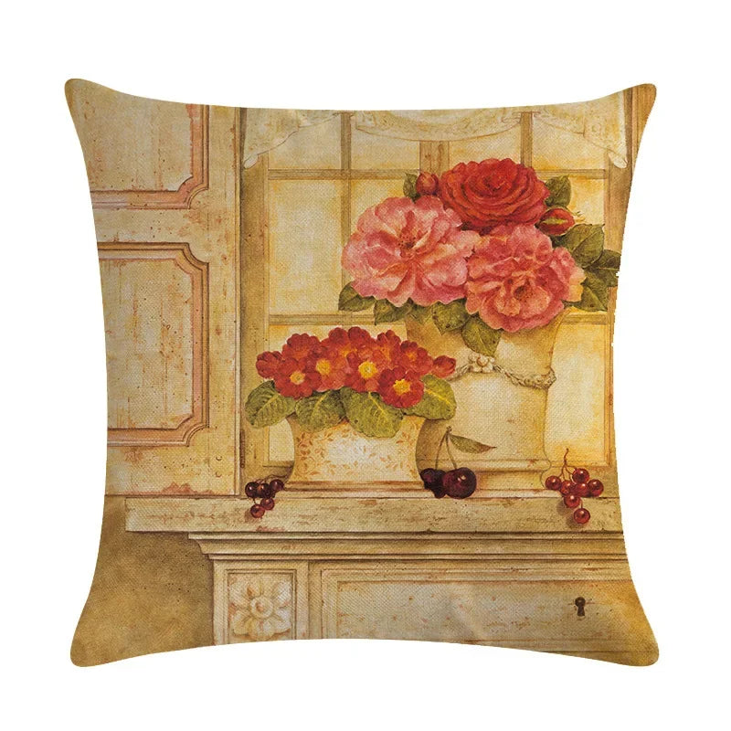 Axyaa Retro Flower Oil Painting Linen Pillowcase 45*45cm