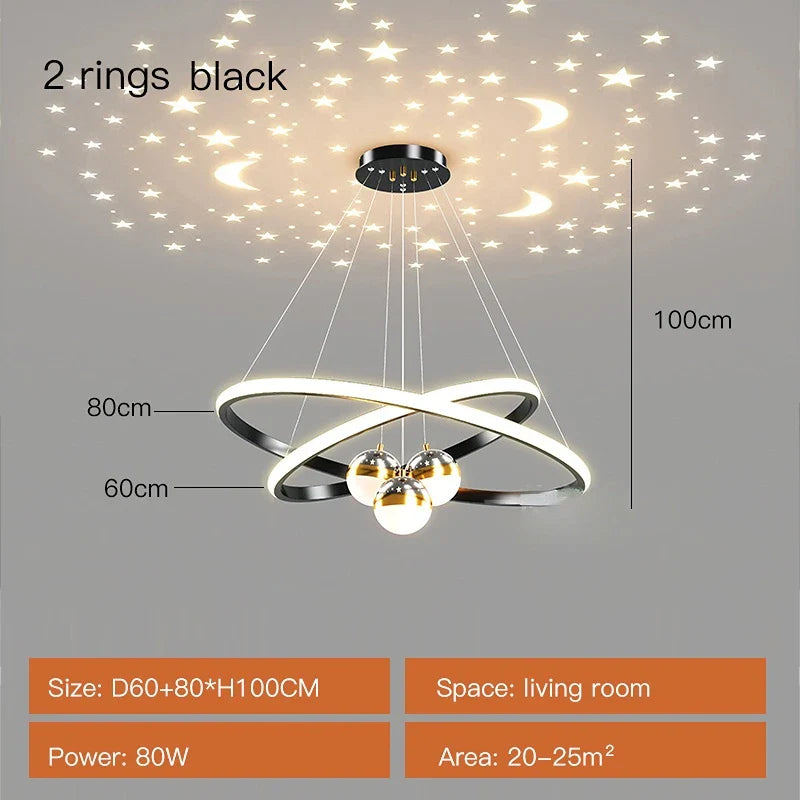 Axyaa Starry Sky Projection LED Chandelier in Black/Gold - Hanging Pendant Lights for Home