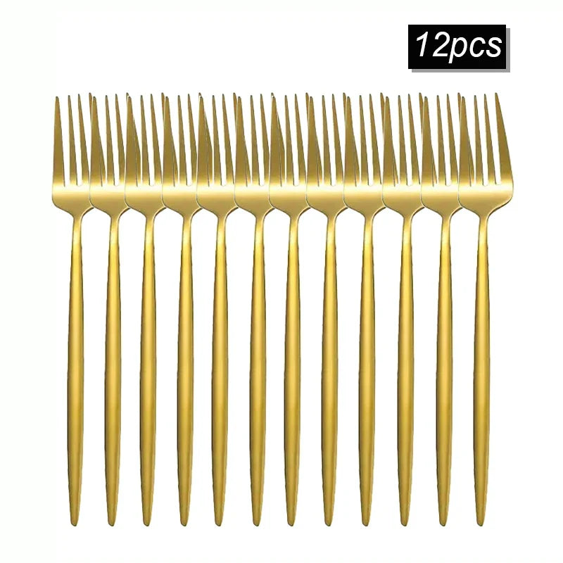 Axyaa 16pcs Stainless Steel Gold Tableware Dinner Fork Set