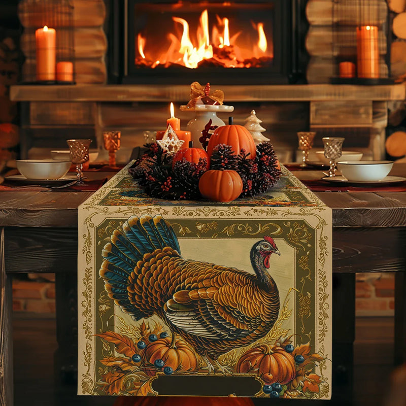 Axyaa Thanksgiving Turkey Flower Pattern Table Runner - Festive Dining Decor