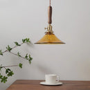 Axyaa Amber Glass LED Pendant Light with Walnut Handle for Modern Décor.
