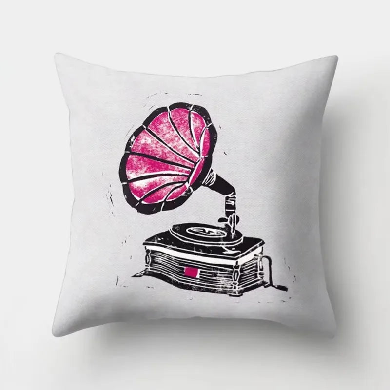 Axyaa Retro Cityscape Gramophone Guitar Drum Camera Print Cushion Cover