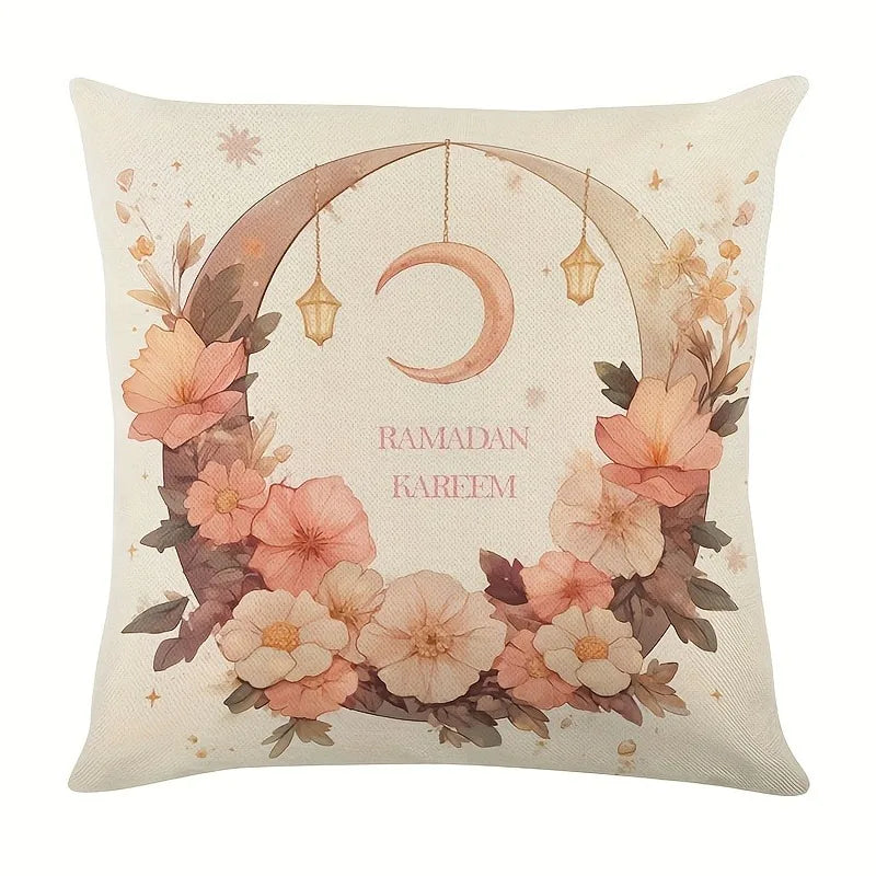 Axyaa Ramadan Karim Pillowcase: Flower Crescent Moon Lamp Design Sofa Cushion Cover