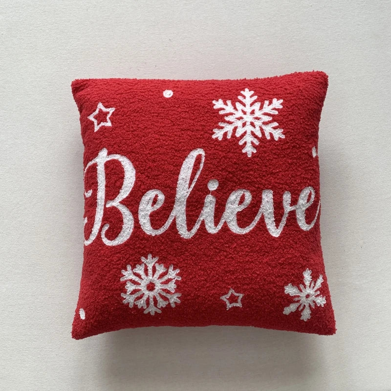 Axyaa Christmas Tree Snowflake Cushion Cover in Green and Red, Embroidered 45x45cm Square Pillowcase