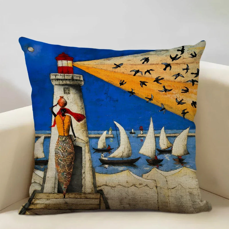 Axyaa African Oil Painting Art Pillow Case 45x45cm Linen Cushion Cover