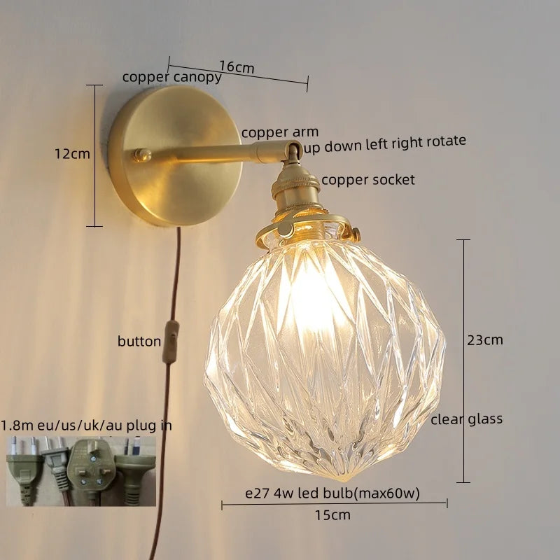 Axyaa Copper Glass Knob Switch LED Wall Light Fixture for Bedroom, Nordic Modern Arandela