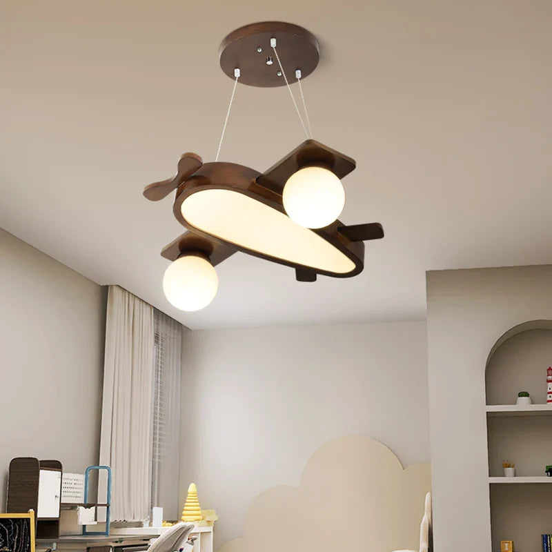 Axyaa Wood Airplane LED Pendant Light for Kids' Room, Walnut Color