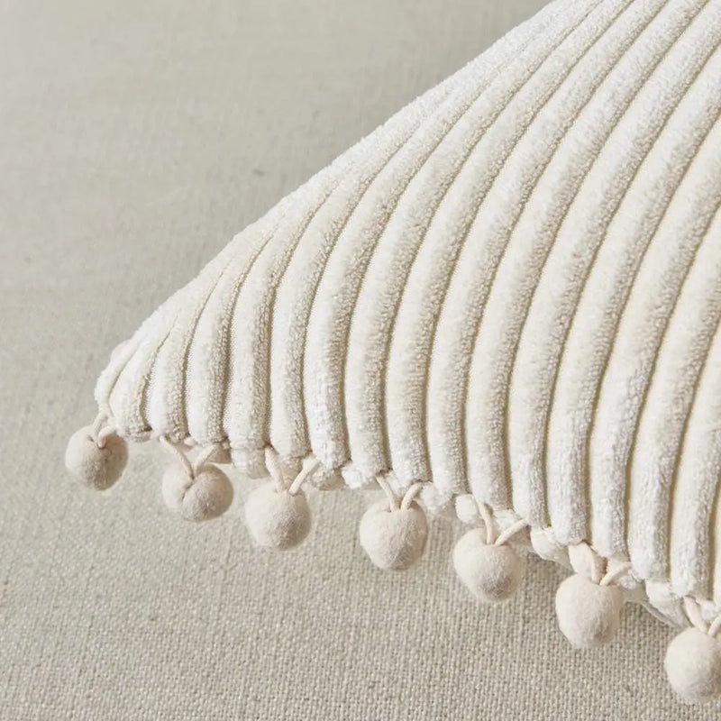 Lumbar Corduroy Boho Cushion Cover with Pom Pom Detail by Axyaa