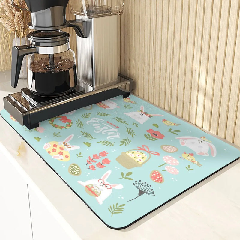 Axyaa Easter Rabbit Print Placemats & Coasters: Absorbent Kitchen Mats & Home Decor