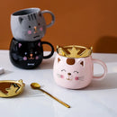 Axyaa Crown Cat Ceramic Mug with Lid Spoon - Cute Cartoon Coffee Cup