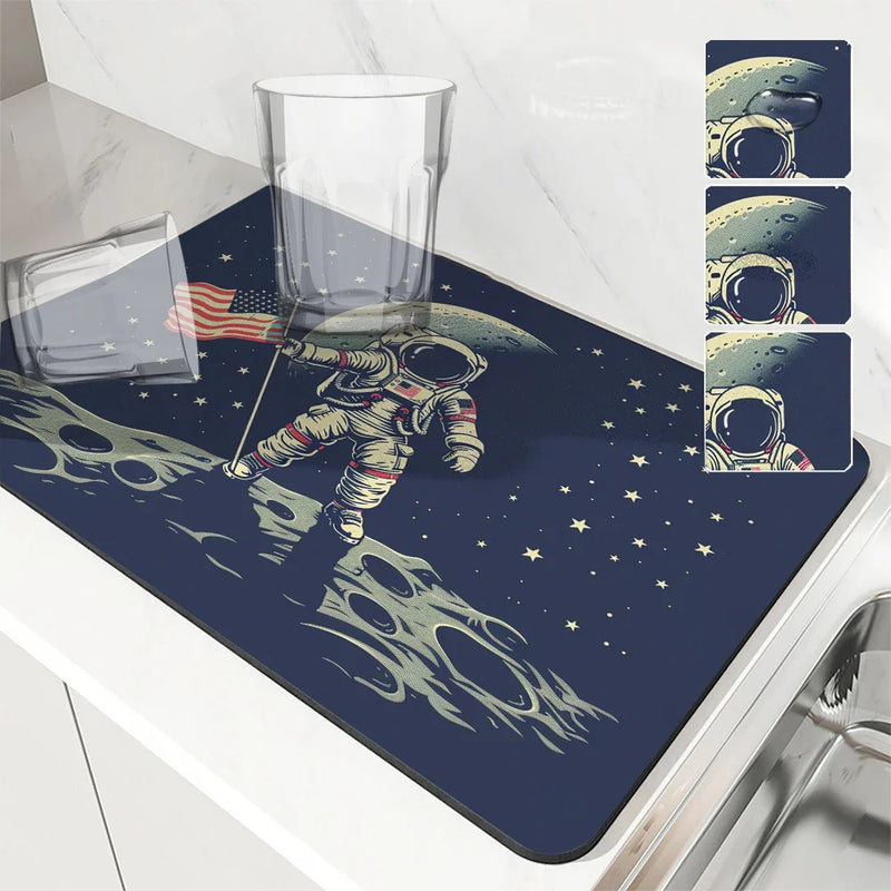 Axyaa Spaceman Coffee Cup Drying Mat Absorbent Non-Slip Kitchen Drain Mat
