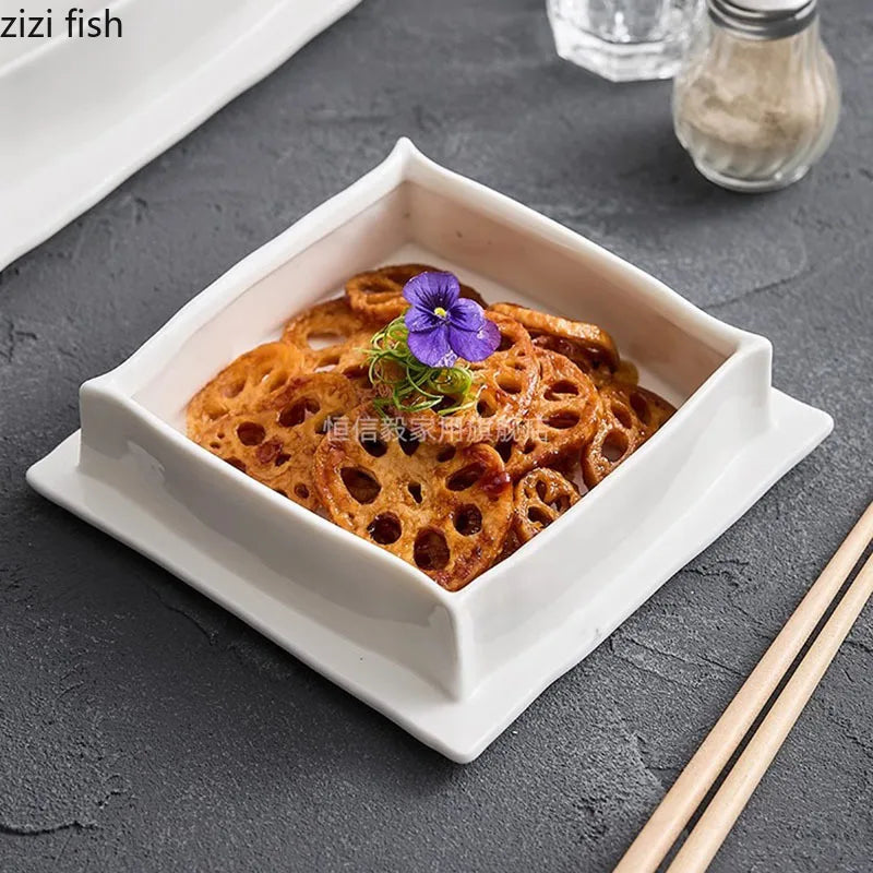 Axya White Ceramic Square Dining Plate for Molecular Cooking and Specialty Tableware