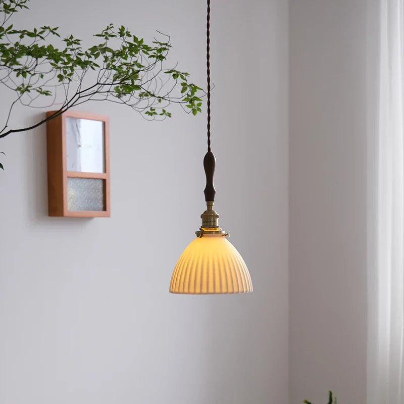 Axyaa White Ceramic LED Pendant Light with Wood Handle - Bedroom Living Room Lamp