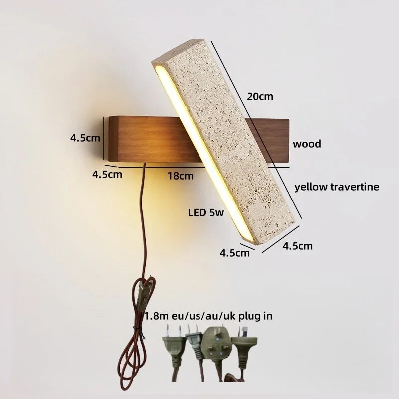 Axyaa LED Wall Light Mirror Stone Wood Wall Art Decor Bedroom Lamp